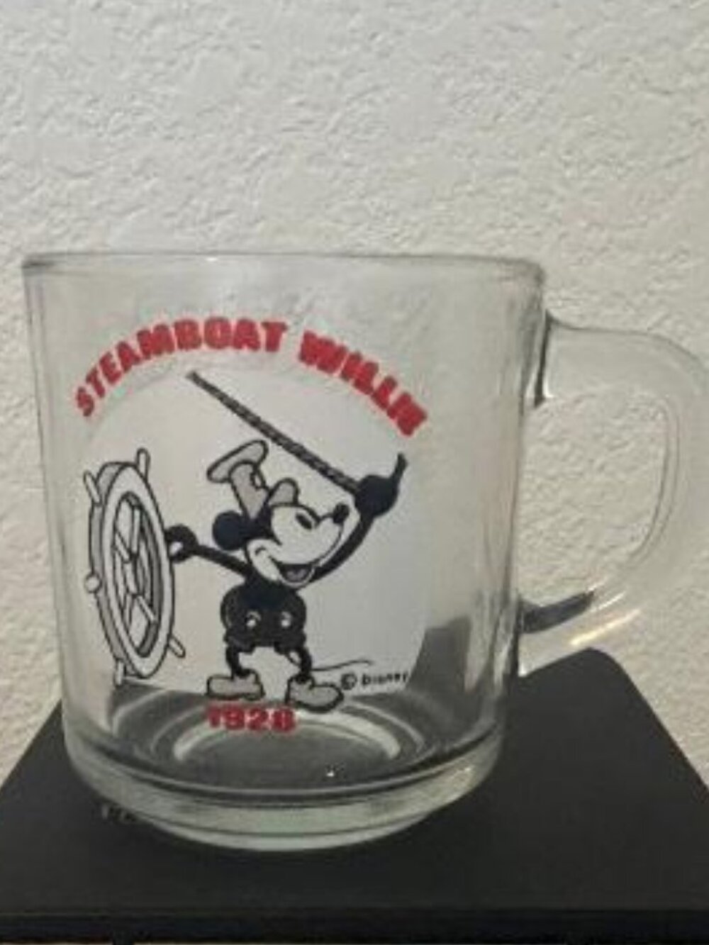 Disney Steamboat Willie Mickey Mouse 1928 Clear Glass Coffee Cup Collectible